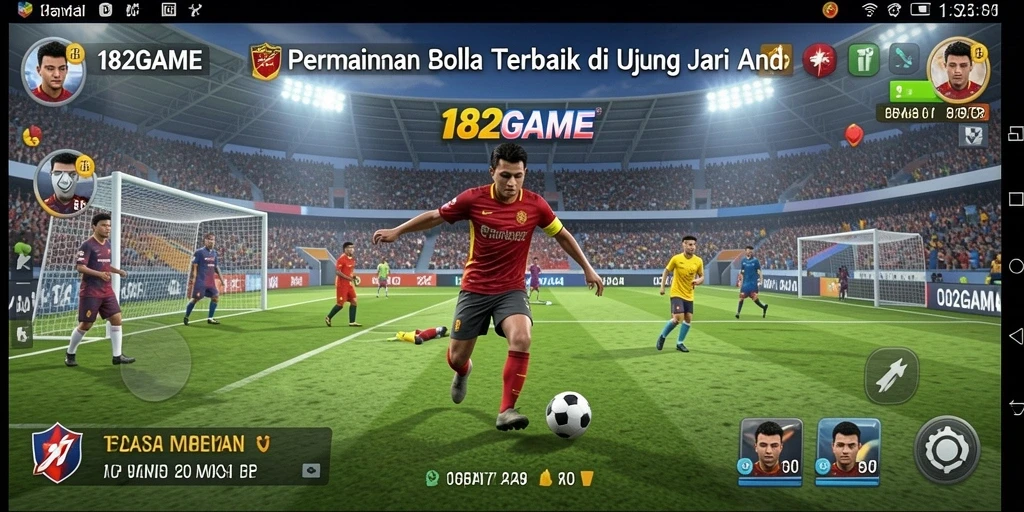 Screenshot gameplay 182GAME menampilkan aksi seru di lapangan sepak bola.