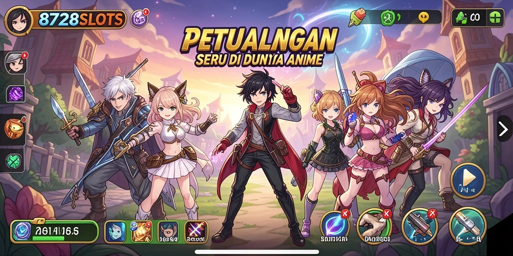 Tangkapan layar dari gameplay seru 8728SLOTS dengan karakter anime.