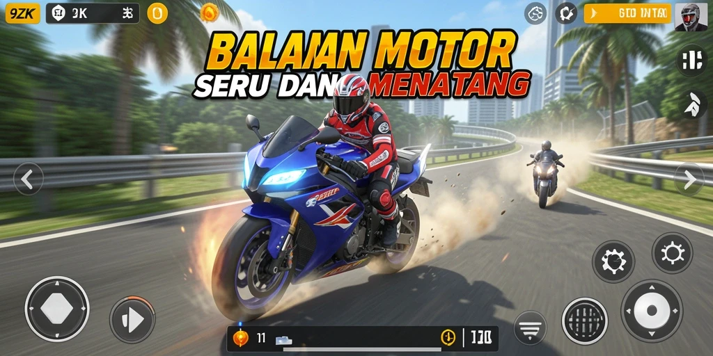Gameplay 9ZK yang seru saat balapan motor.