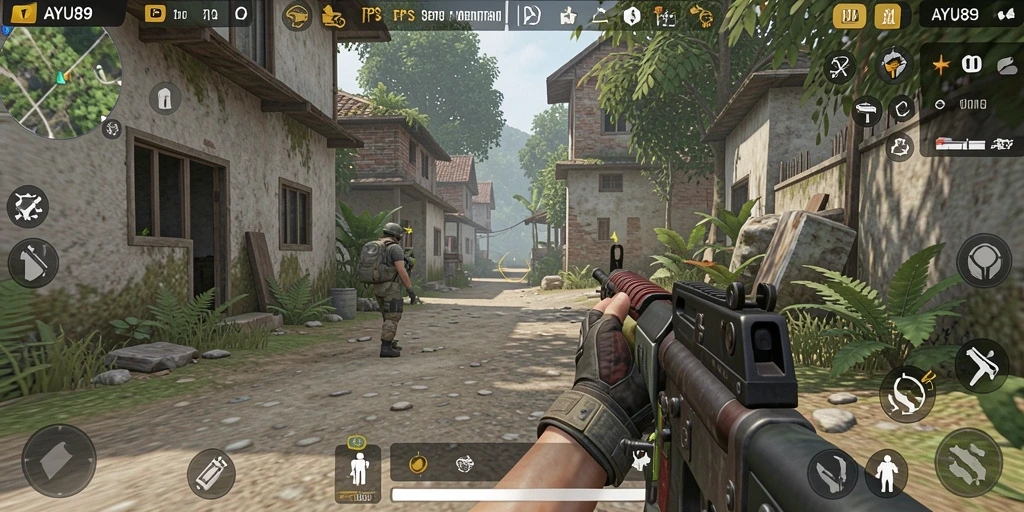 Screenshot gameplay AYU89 menampilkan aksi menegangkan di medan perang.