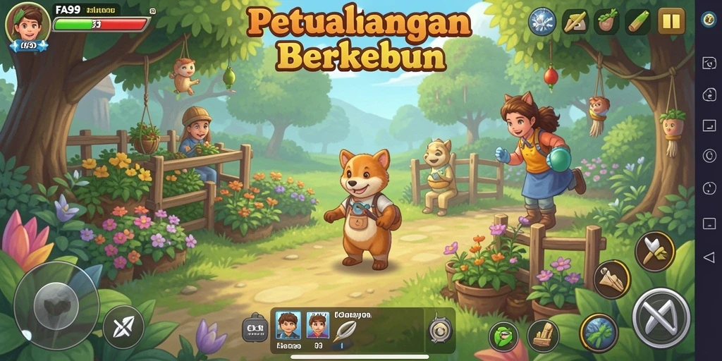 Tampilan gameplay FA99 yang menarik dengan berbagai tanaman dan aktivitas bertani.