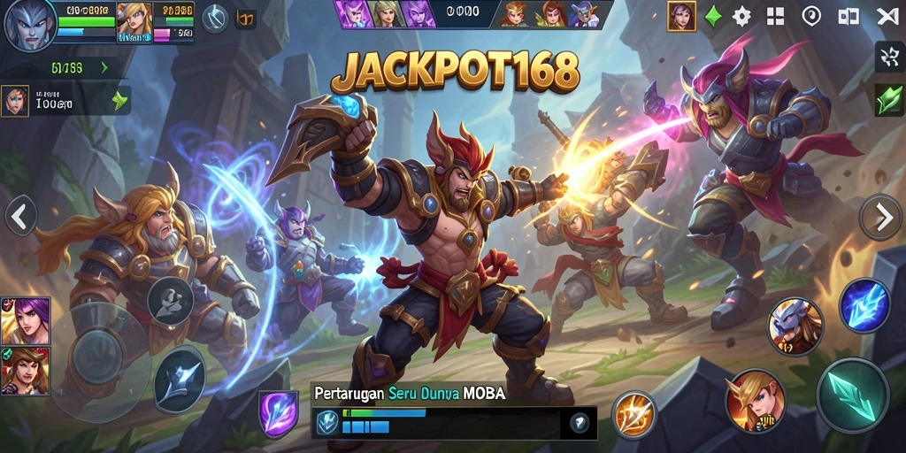 Tangkapan layar action epik dalam JACKPOT168 yang menunjukkan gameplay MOBA.