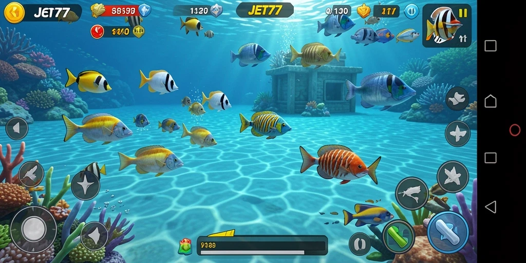 Tampilan gameplay <strong>JET77</strong> yang seru dengan berbagai ikan untuk ditangkap.