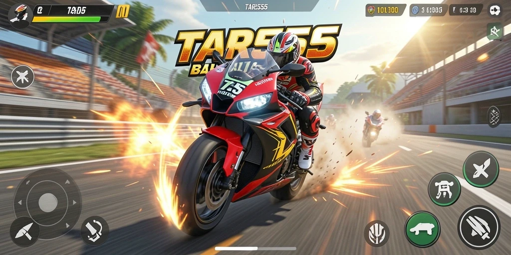 Screenshot TAR555 menampilkan aksi balapan motor yang mendebarkan.