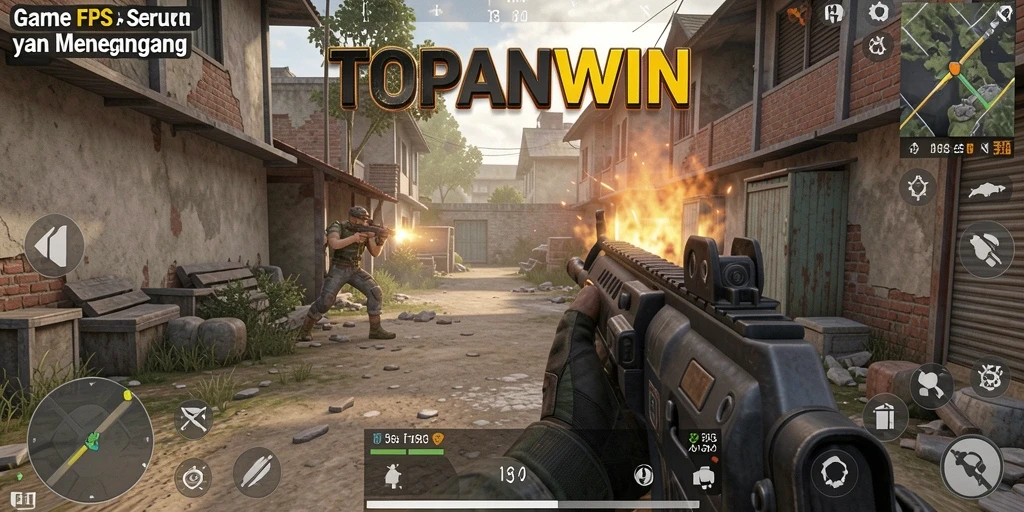 Screenshot utama menunjukkan aksi intense dalam game FPS TOPANWIN.